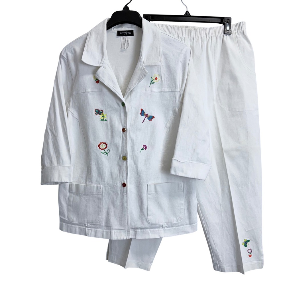 Amyjess White Denim Embroidered 2 Piece Set Jacket Pants Floral Dragonfly Large